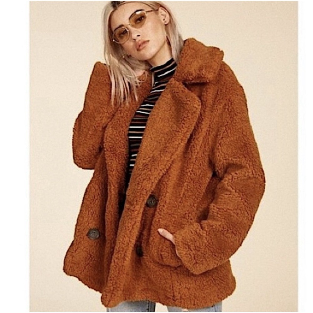 FREE PEOPLE Oversized Double Breasted Teddy Fleece Sherpa Jacket Rust Small READ